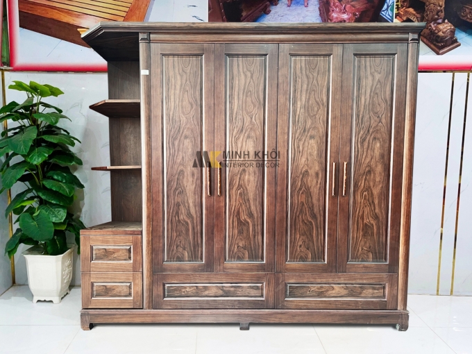 Tủ Quần Áo Gỗ Sồi Màu Óc Chó 4 Cánh Có Kệ Trang Trí – TA860