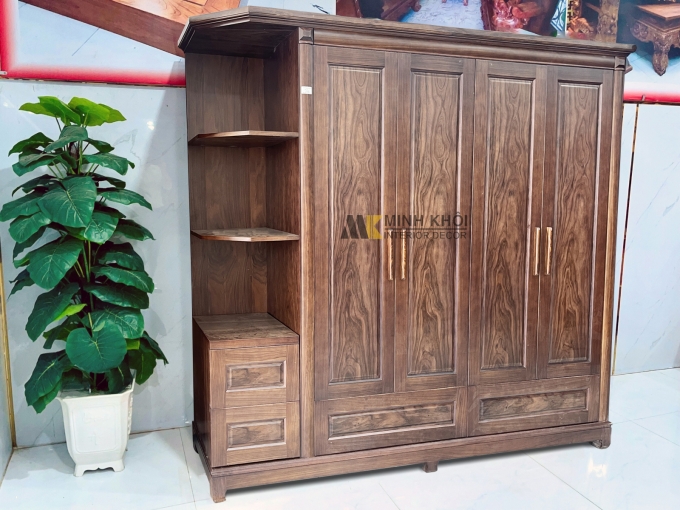 Tủ Quần Áo Gỗ Sồi Màu Óc Chó 4 Cánh Có Kệ Trang Trí – TA860
