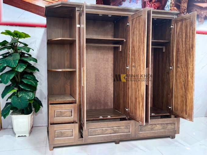 Tủ Quần Áo Gỗ Sồi Màu Óc Chó 4 Cánh Có Kệ Trang Trí – TA860