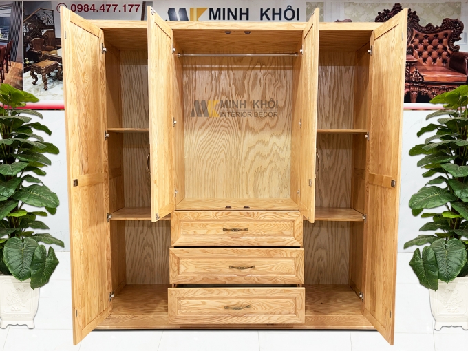 Tủ Quần Áo Gỗ Sồi Nga 4 Cánh 3 Hộc Kéo – TA938