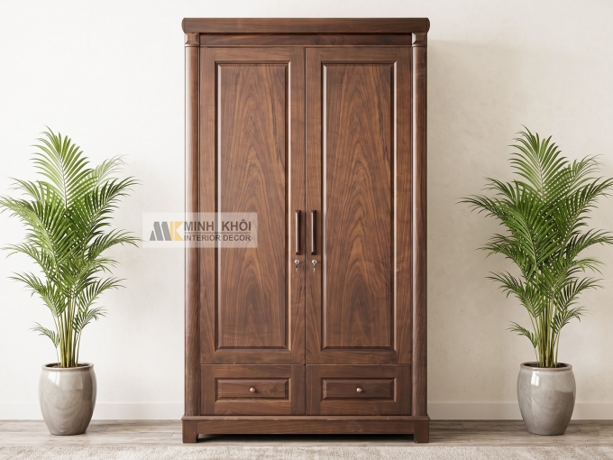 Tủ Quần Áo Gỗ Sồi Phủ Óc Chó 2 Cánh – TA859