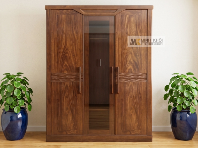 Tủ Quần Áo Gỗ Sồi Phủ Óc Chó 3 Cánh Kính - TA863