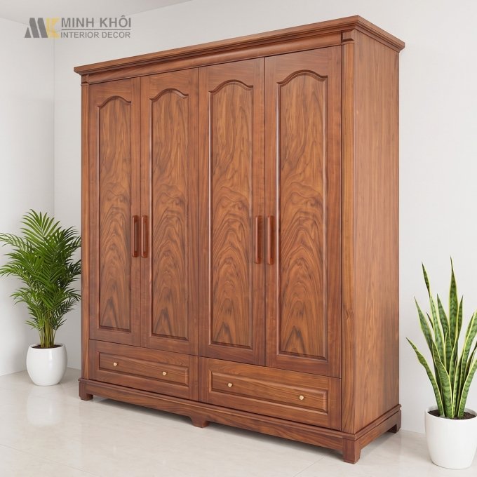 Tủ Quần Áo Gỗ Sồi Phủ Óc Chó 4 Cánh Hiện Đại - TA095