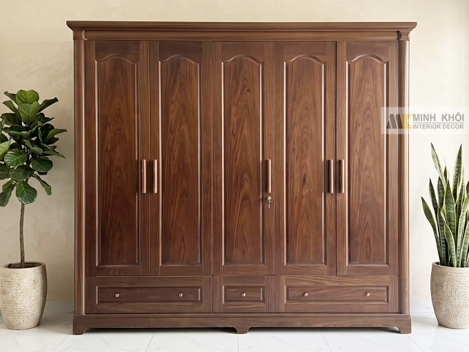 Tủ Quần Áo Gỗ Sồi Phủ Óc Chó 5 Cánh - TA862