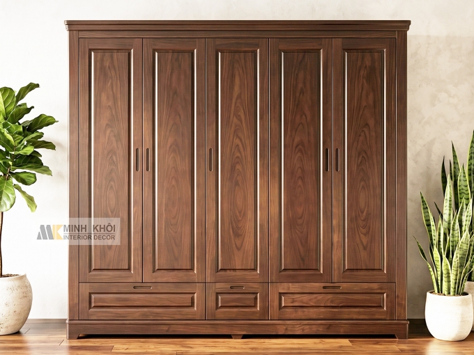 Tủ Quần Áo Gỗ Sồi Phủ Óc Chó 5 Cánh Tay Âm - TA864