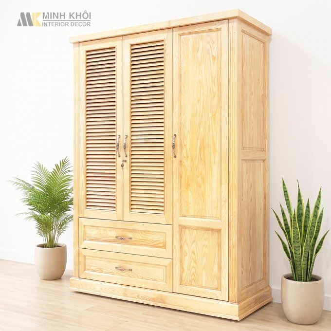 Tủ Quần Áo Gỗ Tự Nhiên Sồi 3 Cánh Chớp Hiện Đại - TA932