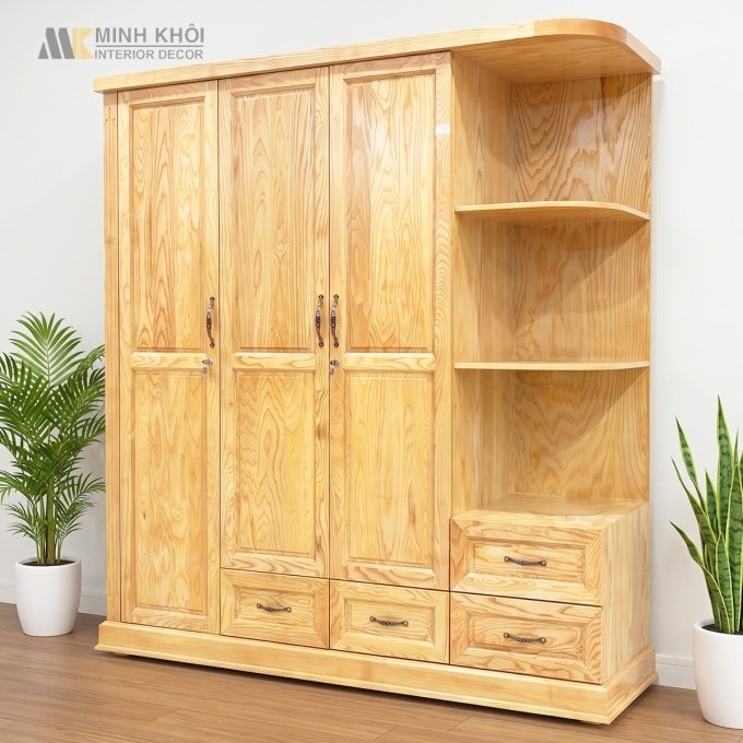 Tủ Quần Áo Gỗ Tự Nhiên Sồi 3 Cánh Kệ Trang Trí - TA926