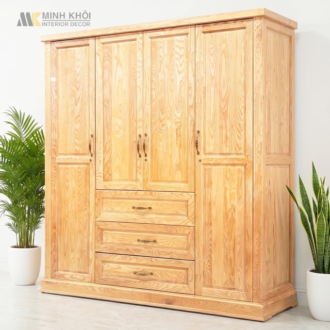 Tủ Quần Áo Gỗ Tự Nhiên Sồi 4 Cánh 3 Hộc Kéo – TA938