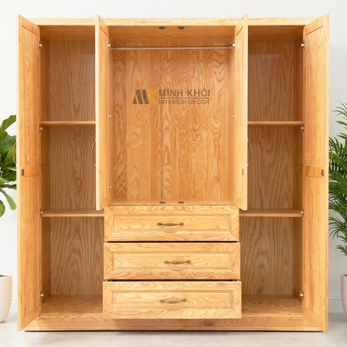 Tủ Quần Áo Gỗ Tự Nhiên Sồi 4 Cánh 3 Hộc Kéo – TA938