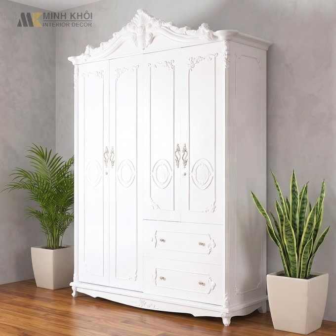 Tủ Quần Áo Màu Trắng Thiết Kế Kiểu Cổ Điển - TA912