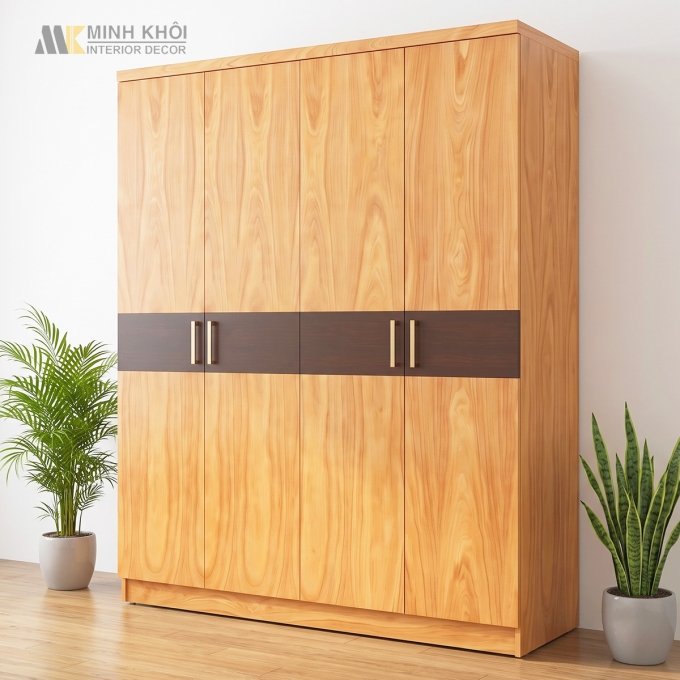 Tủ Quần Áo Màu Vàng Sồi Chỉ Nâu Hiện Đại Gỗ MDF - TA027