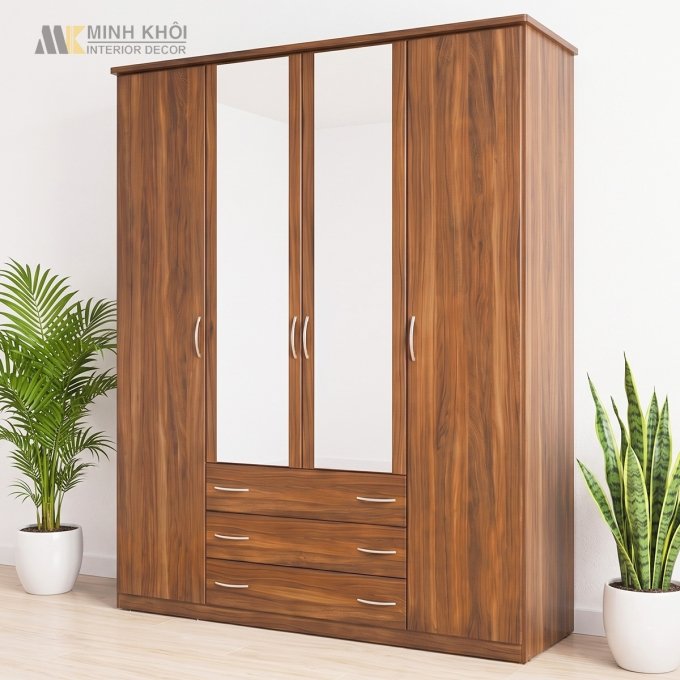 Tủ Quần Áo MDF 4 Cánh 3 Hộc Kéo Có Kính Màu Nâu Sậm - TA046