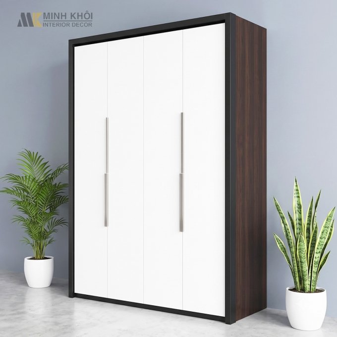Tủ Quần Áo MDF Màu Trắng Kem Viền Nâu Đen - TA031