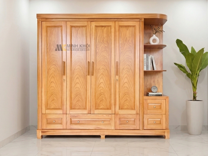 Tủ Quần Áo Phủ Gỗ Gõ Đỏ 4 Cánh Có Kệ Trang Trí - TA948