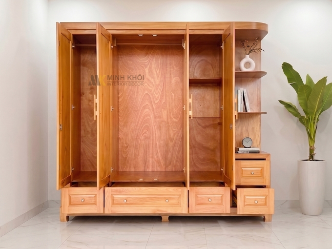 Tủ Quần Áo Phủ Gỗ Gõ Đỏ 4 Cánh Có Kệ Trang Trí - TA948