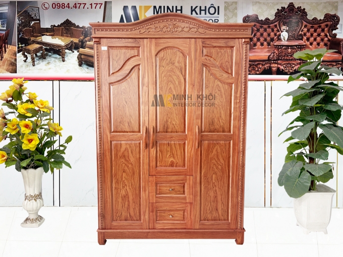 Tủ Quần Áo Phủ Gỗ Hương Đá 3 Cánh Mái Vòm - TA933