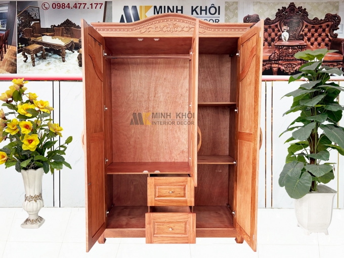 Tủ Quần Áo Phủ Gỗ Hương Đá 3 Cánh Mái Vòm - TA933