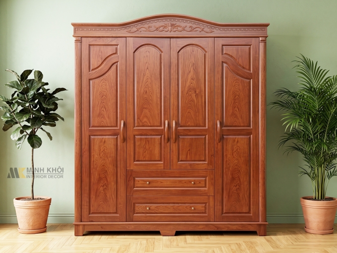 Tủ Quần Áo Phủ Gỗ Hương Đá 4 Cánh Mái Vòm - TA943