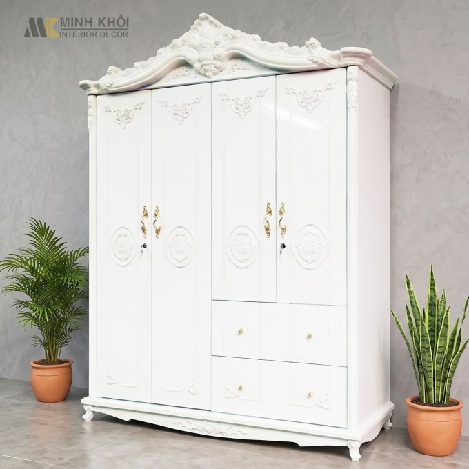 Tủ Quần Áo Tân Cổ Điển Màu Trắng Gỗ MDF Cao Cấp - TA079