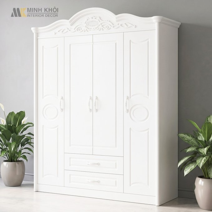 Tủ Quần Áo Tân Cổ Điển Màu Trắng Kem Sang Trọng - TA007