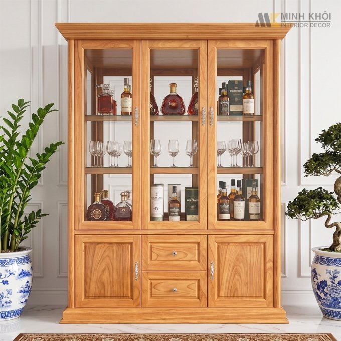 Tủ Rượu Gỗ Gõ Đỏ 3 Cánh Hiện Đại - TR995