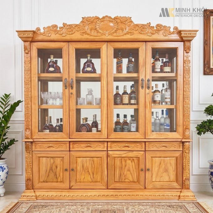 Tủ Rượu Gỗ Gõ Đỏ 4 Cánh Tân Cổ Điển – TR996