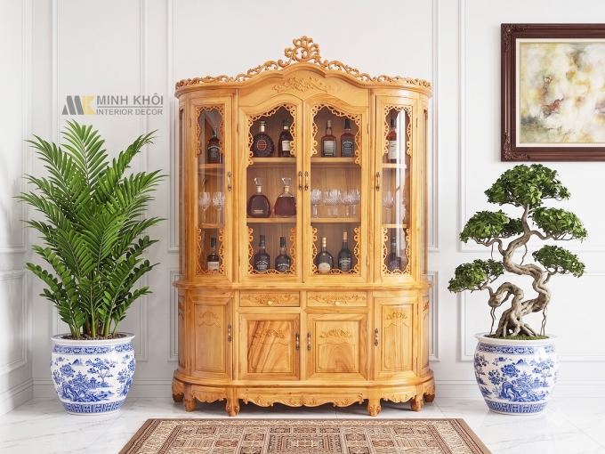 Tủ Rượu Gỗ Gõ Đỏ Tân Cổ Điển Lục Giác Bo Cong - TR991