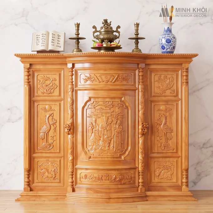 Tủ Thờ Gỗ Căm Xe Mặt Cong Chạm Phúc Lộc Thọ - TT904