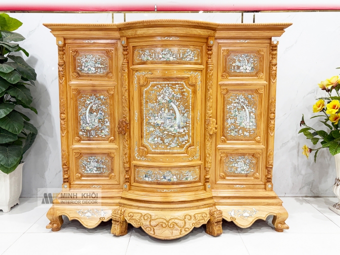 Tủ Thờ Gỗ Gõ Đỏ Mặt Cong Cao Cấp (Cẩn Ốc) - TT896