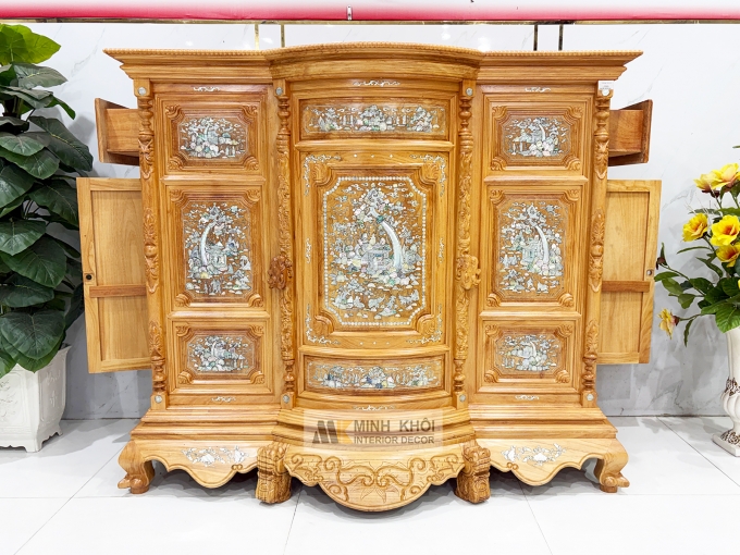 Tủ Thờ Gỗ Gõ Đỏ Mặt Cong Cao Cấp (Cẩn Ốc) - TT896