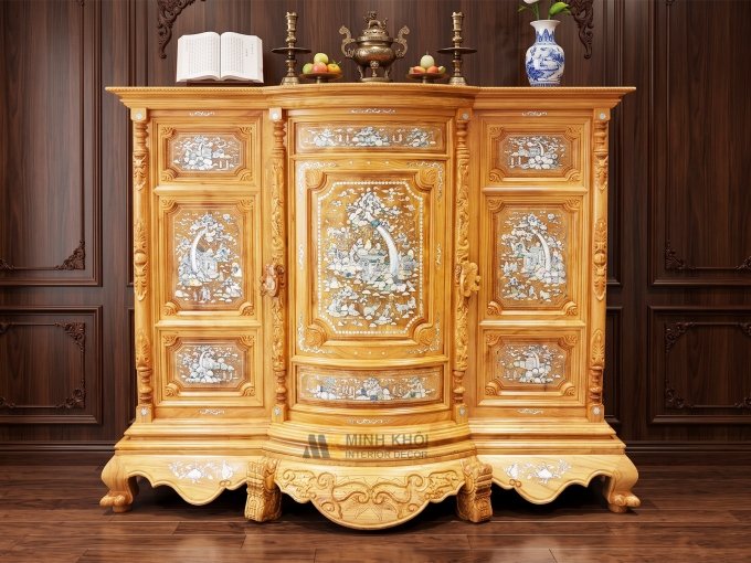 Tủ Thờ Gỗ Gõ Đỏ Mặt Cong Cao Cấp (Cẩn Ốc) - TT896