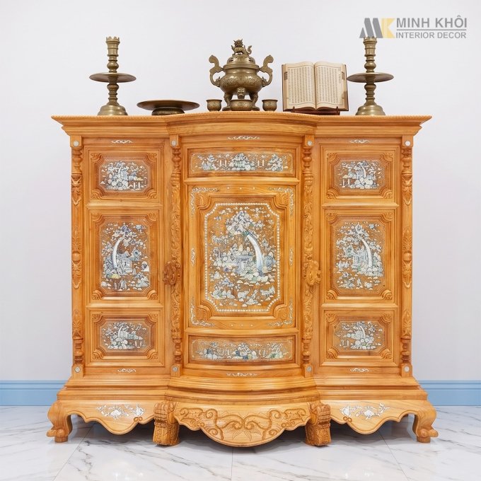 Tủ Thờ Gỗ Gõ Đỏ Mặt Cong Cao Cấp (Cẩn Ốc) - TT896